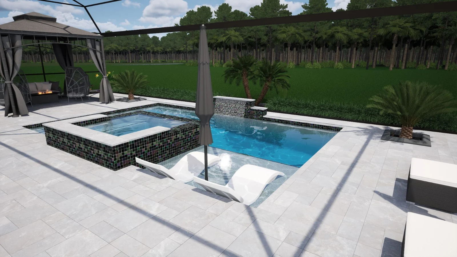 Sample cinematic 3D walkthrough video — pool with raised tiled spa, sunshelf loungers and water feature