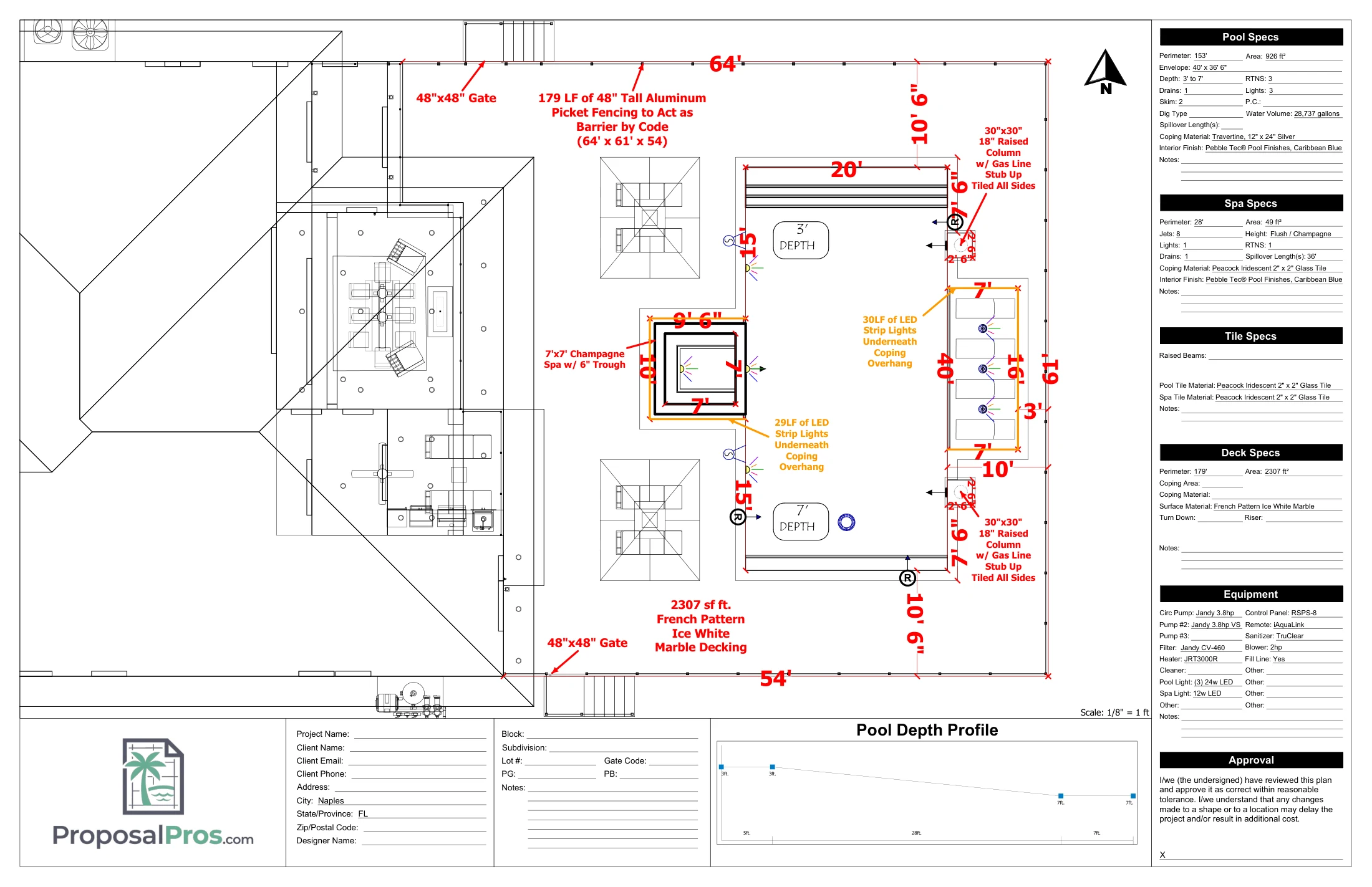 Scaled drawing of the Resort-style Pool + Spa design, with dimensions and pool specs