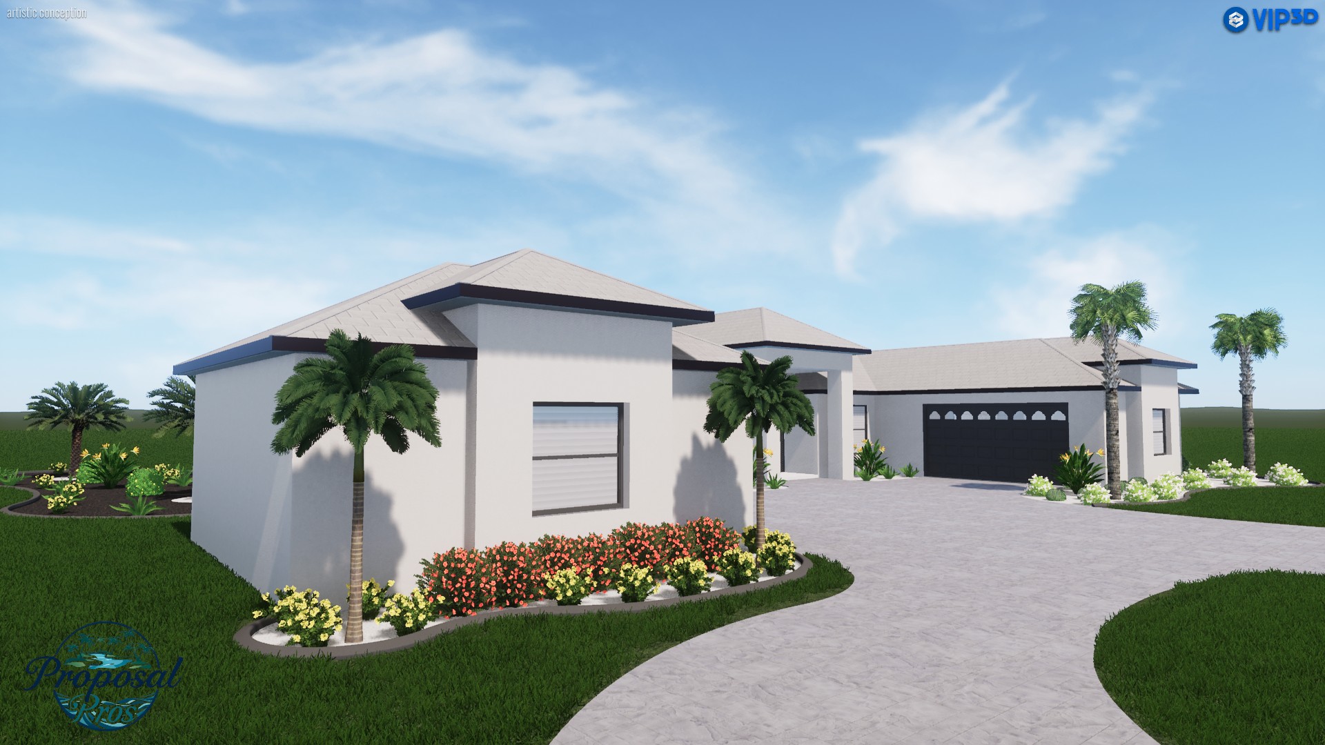 Complete pool, landscape and hardscape design concept rendering